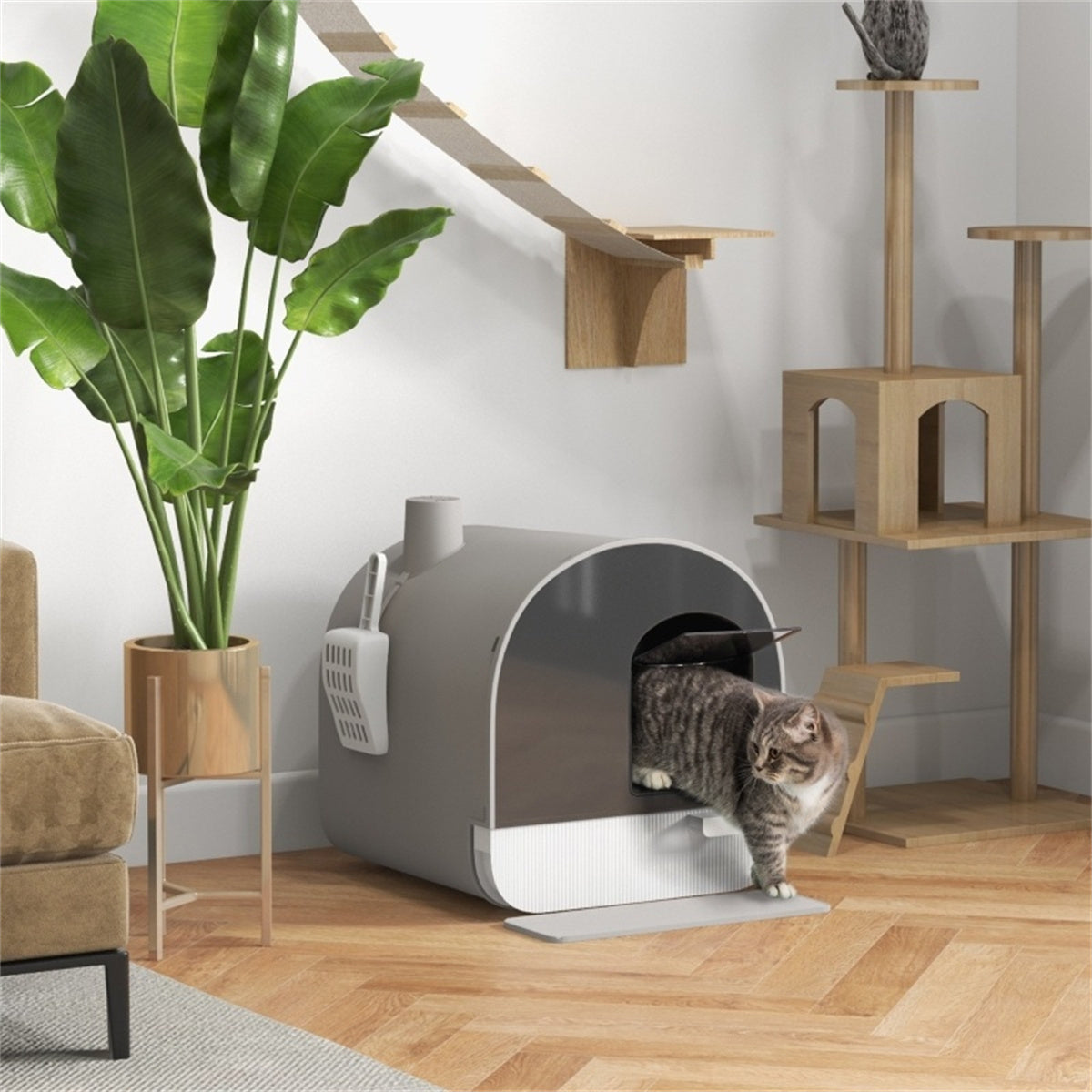 Fully Enclosed Cat Litter Box - Grey Color